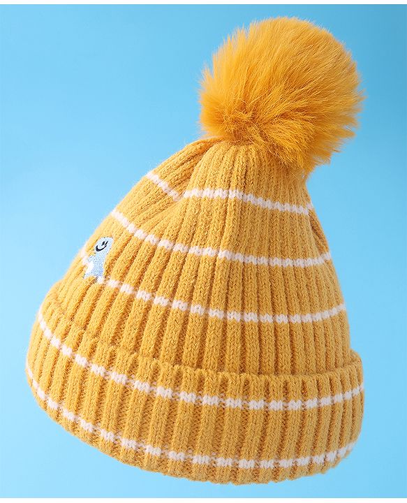 Babyhug Woollen Cap with Dino Embroidery Pom Pom Detailing - Yellow