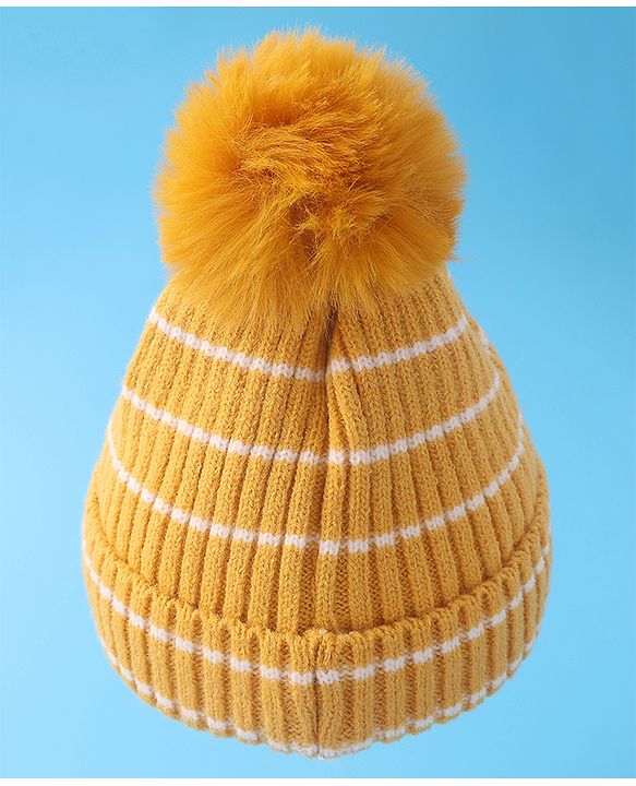 Babyhug Woollen Cap with Dino Embroidery Pom Pom Detailing - Yellow