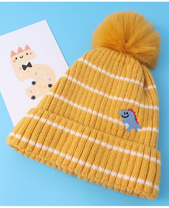 Babyhug Woollen Cap with Dino Embroidery Pom Pom Detailing - Yellow
