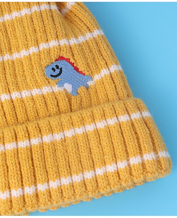 Babyhug Woollen Cap with Dino Embroidery Pom Pom Detailing - Yellow