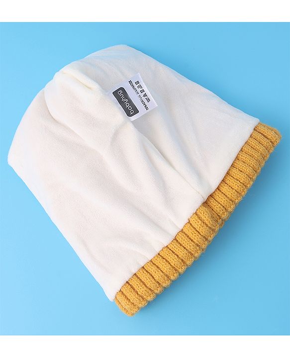 Babyhug Woollen Cap with Dino Embroidery Pom Pom Detailing - Yellow