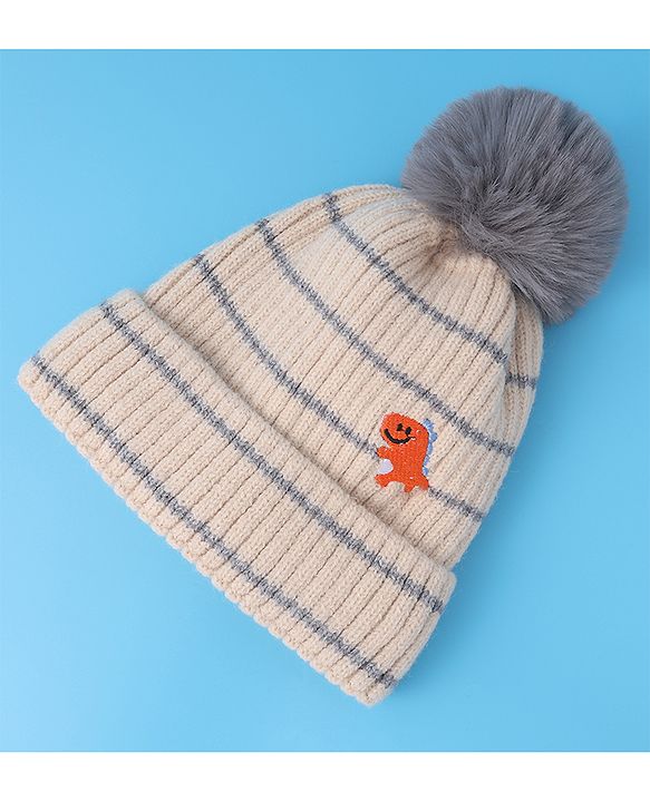 Babyhug Woollen Cap with Dino Embroidery Pom Pom Detailing - Beige