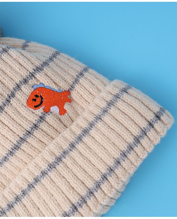 Babyhug Woollen Cap with Dino Embroidery Pom Pom Detailing - Beige