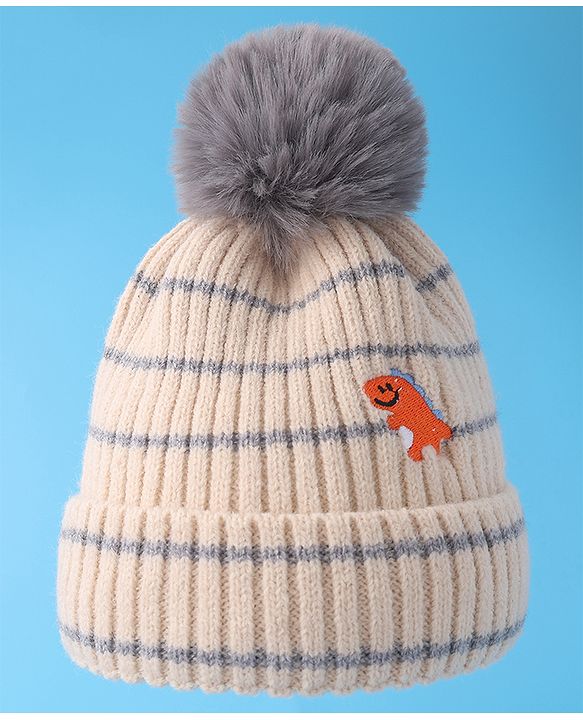 Babyhug Woollen Cap with Dino Embroidery Pom Pom Detailing - Beige