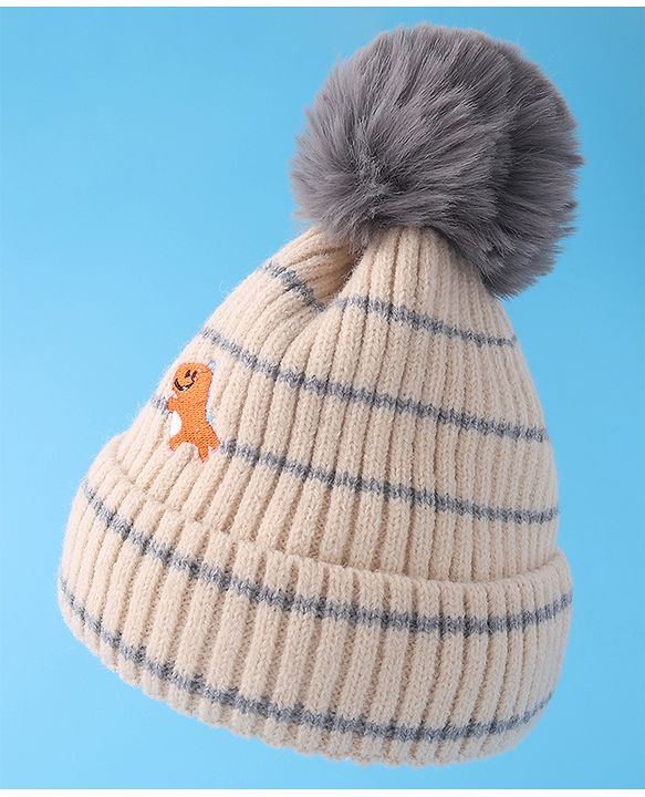Babyhug Woollen Cap with Dino Embroidery Pom Pom Detailing - Beige