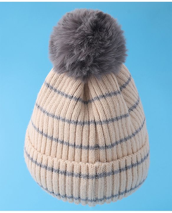 Babyhug Woollen Cap with Dino Embroidery Pom Pom Detailing - Beige