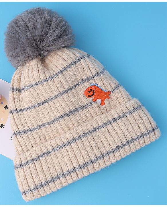 Babyhug Woollen Cap with Dino Embroidery Pom Pom Detailing - Beige