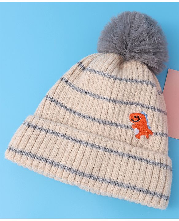 Babyhug Woollen Cap with Dino Embroidery Pom Pom Detailing - Beige