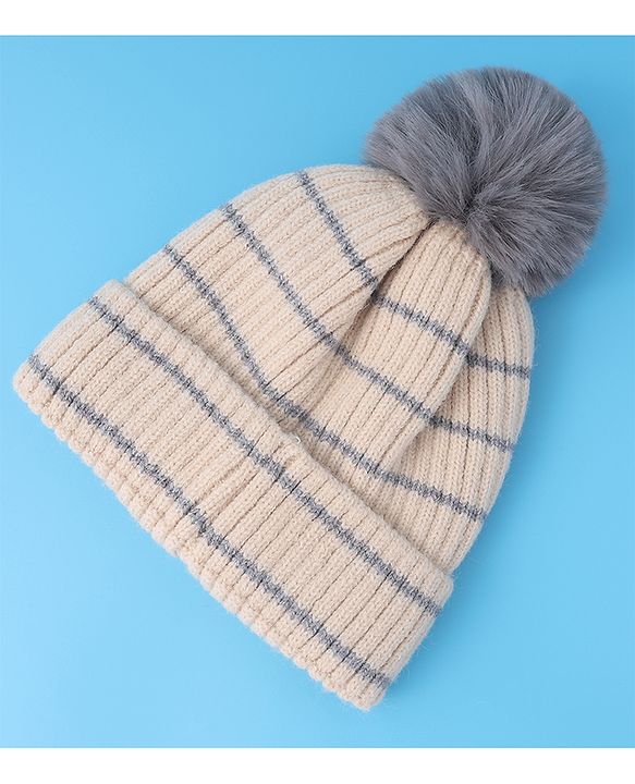 Babyhug Woollen Cap with Dino Embroidery Pom Pom Detailing - Beige