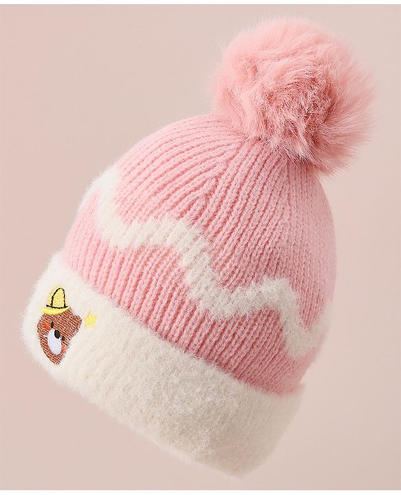 Babyhug Woollen Cap with Bear Text Design & Pom Pom Detailing - Pink