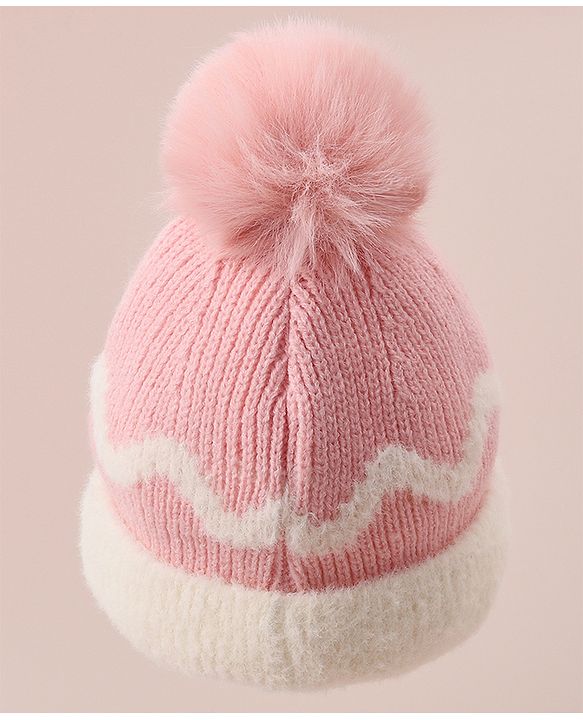 Babyhug Woollen Cap with Bear Text Design & Pom Pom Detailing - Pink