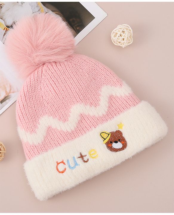 Babyhug Woollen Cap with Bear Text Design & Pom Pom Detailing - Pink
