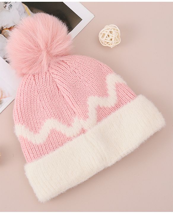 Babyhug Woollen Cap with Bear Text Design & Pom Pom Detailing - Pink