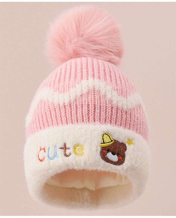 Babyhug Woollen Cap with Bear Text Design & Pom Pom Detailing - Pink