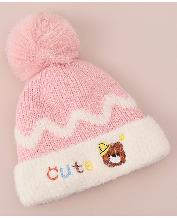 Babyhug Woollen Cap with Bear Text Design & Pom Pom Detailing - Pink