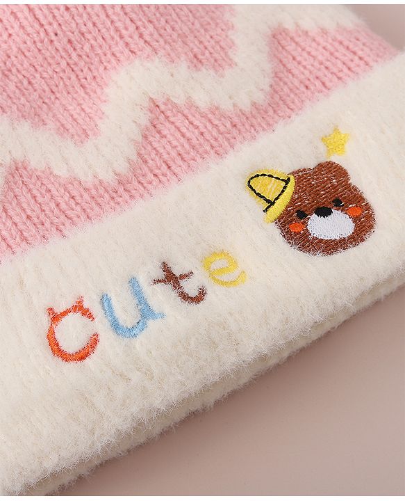 Babyhug Woollen Cap with Bear Text Design & Pom Pom Detailing - Pink