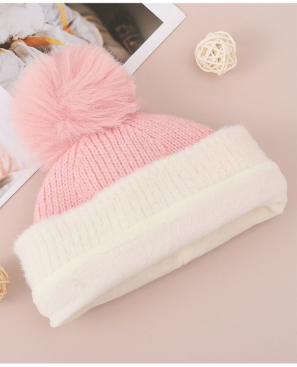 Babyhug Woollen Cap with Bear Text Design & Pom Pom Detailing - Pink
