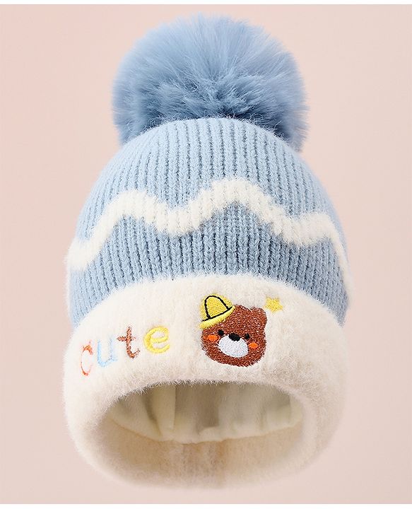 Babyhug Woollen Cap with Bear Text Design & Pom Pom Detailing - Pink