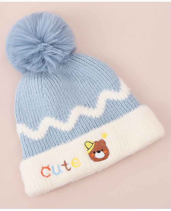 Babyhug Woollen Cap with Bear Text Design & Pom Pom Detailing - Pink