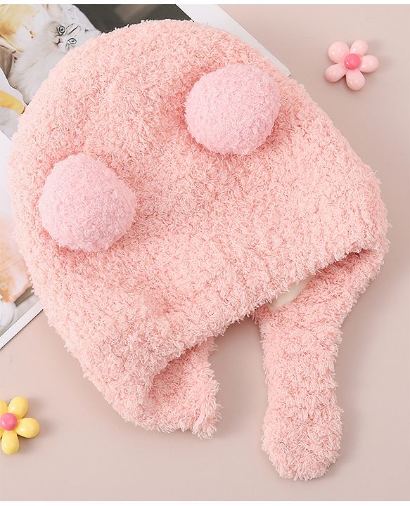 Babyhug Woollen Cap with Bear 3D Applique - Pink