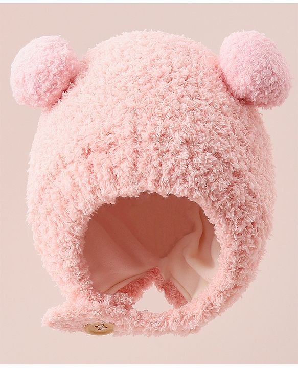 Babyhug Woollen Cap with Bear 3D Applique Pink - Diameter 12.5 cm