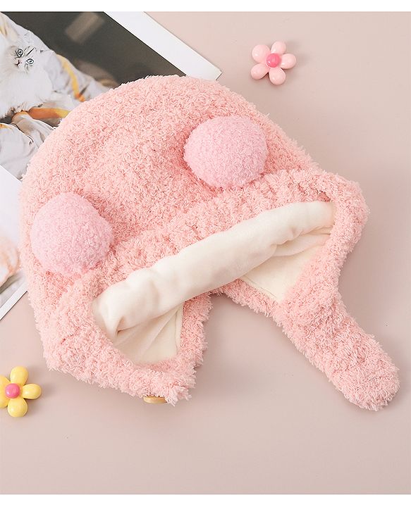 Babyhug Woollen Cap with Bear 3D Applique Pink - Diameter 12.5 cm
