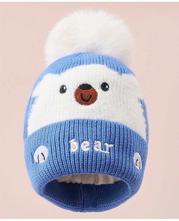 Babyhug Woollen Cap With Bear Design - Blue
