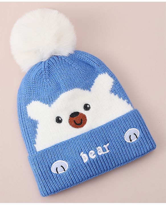 Babyhug Woollen Cap With Bear Design - Blue