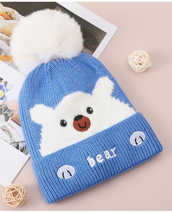 Babyhug Woollen Cap With Bear Design - Blue