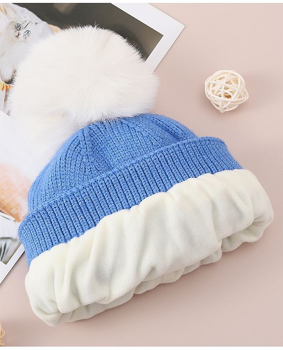 Babyhug Woollen Cap With Bear Design - Blue