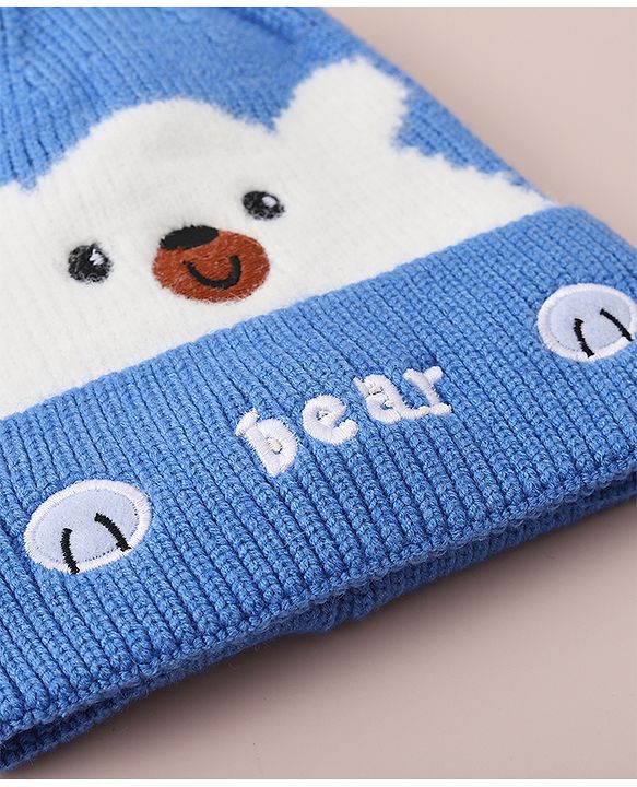 Babyhug Woollen Cap With Bear Design - Blue