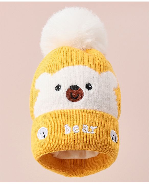 Babyhug Woollen Cap With Bear Design - Yellow