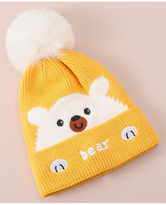 Babyhug Woollen Cap With Bear Design - Yellow