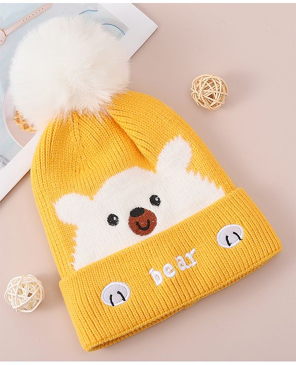Babyhug Woollen Cap With Bear Design - Yellow