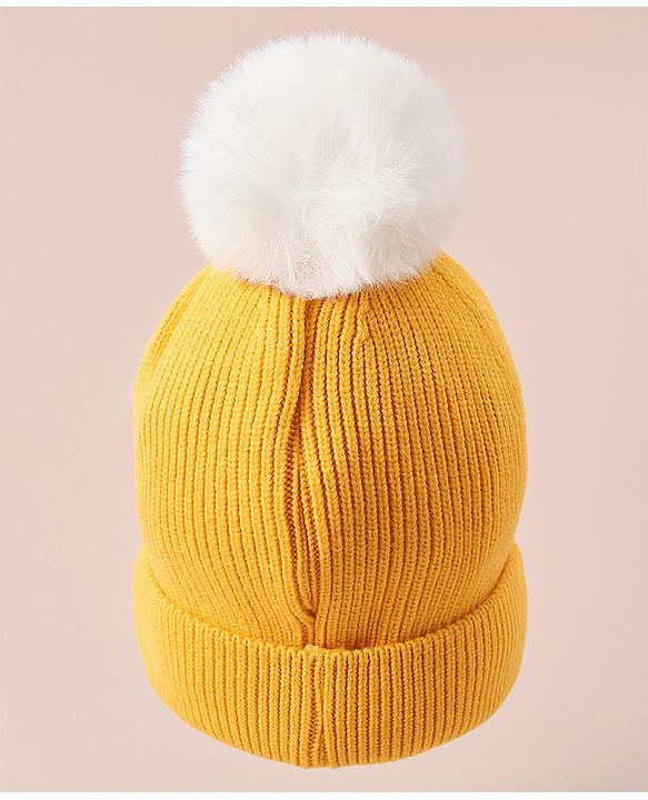 Babyhug Woollen Cap With Bear Design - Yellow