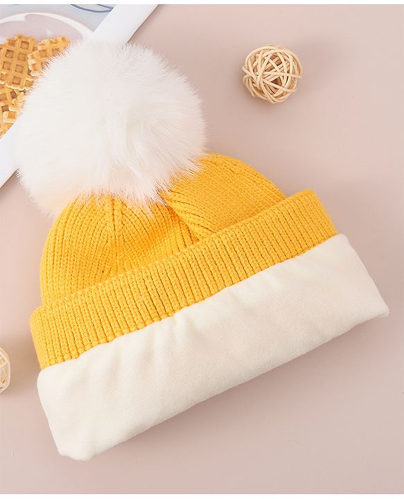 Babyhug Woollen Cap With Bear Design - Yellow