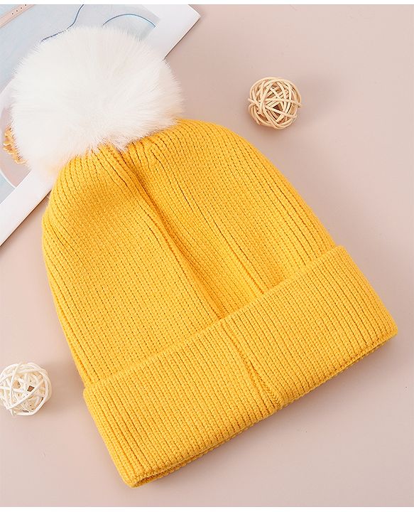 Babyhug Woollen Cap With Bear Design - Yellow