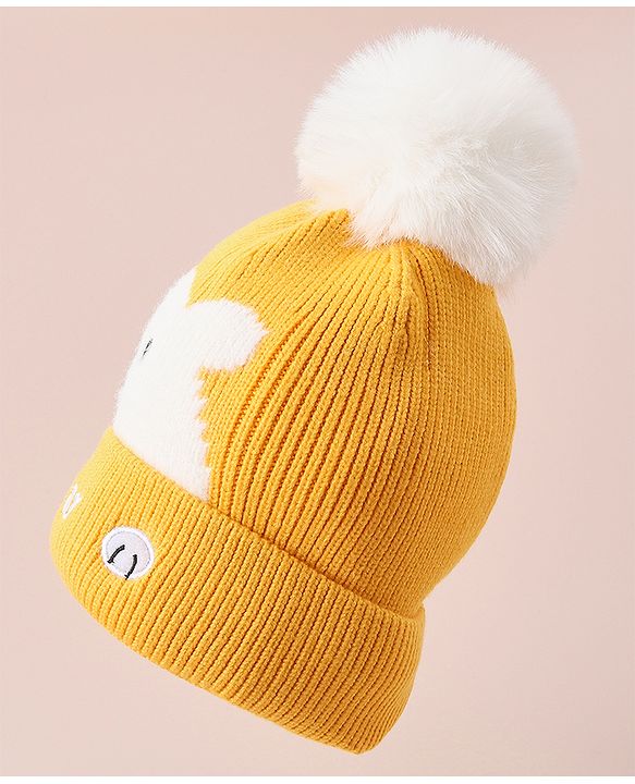 Babyhug Woollen Cap With Bear Design - Yellow