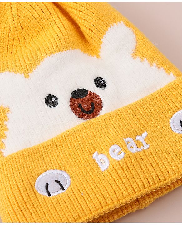 Babyhug Woollen Cap With Bear Design - Yellow