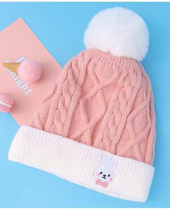 Babyhug Woollen Cap with Cable Knit Design & Pom Pom Detailing - Pink