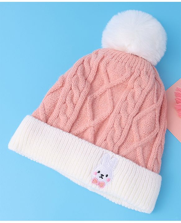 Babyhug Woollen Cap with Cable Knit Design & Pom Pom Detailing - Pink