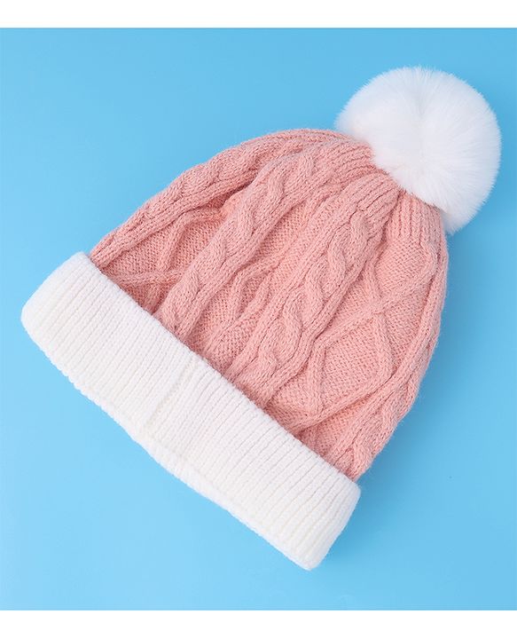 Babyhug Woollen Cap with Cable Knit Design & Pom Pom Detailing - Pink