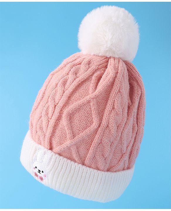 Babyhug Woollen Cap with Cable Knit Design & Pom Pom Detailing - Pink