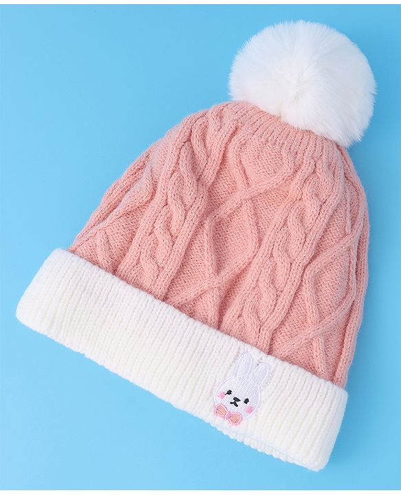 Babyhug Woollen Cap with Cable Knit Design & Pom Pom Detailing - Pink