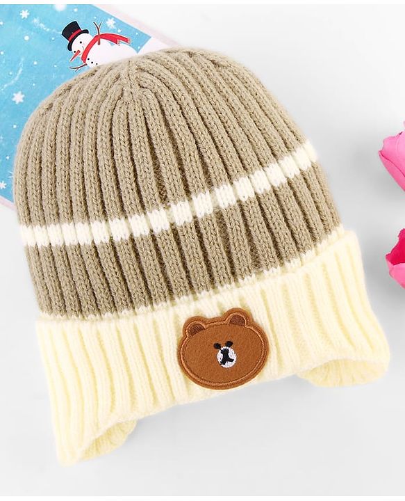 Babyhug Woollen Cap with Bear Applique Grey & Beige - Diameter 11.5 cm