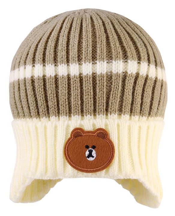 Babyhug Woollen Cap with Bear Applique Grey & Beige - Diameter 11.5 cm