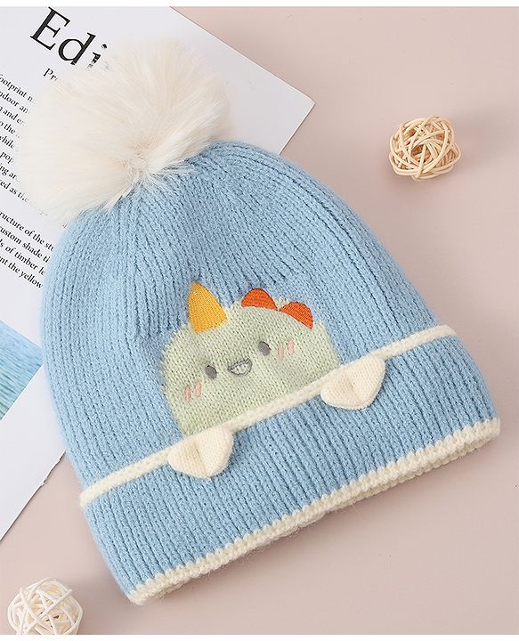 Babyhug Woollen Cap with Dino Design - Blue
