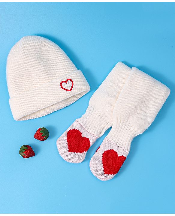 Babyhug Woollen Cap & Muffler Set with Heart Design - White