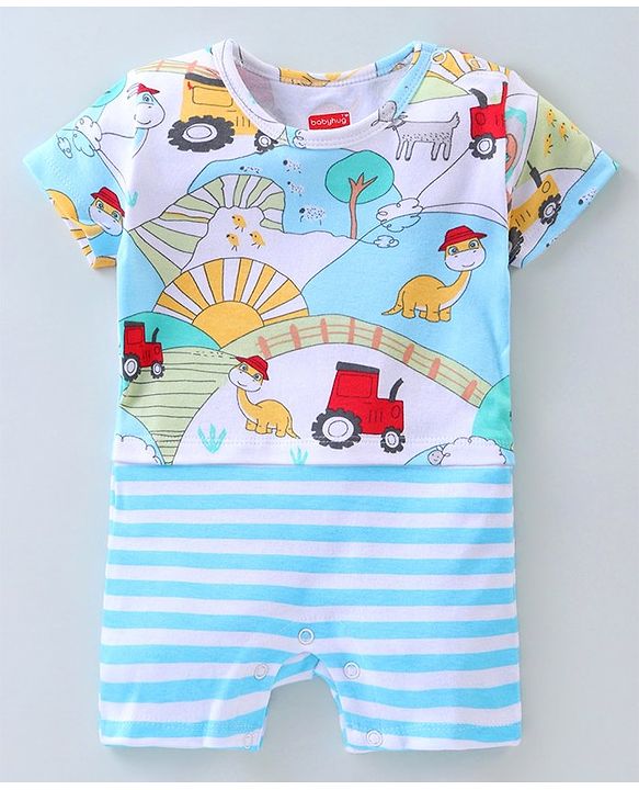 Babyhug 100% Cotton Knit Half Sleeves Striped & Dino Printed Romper - Blue & White
