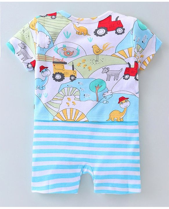 Babyhug 100% Cotton Knit Half Sleeves Striped & Dino Printed Romper - Blue & White